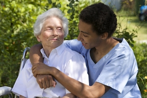 caregiver accompanying an elderly senior